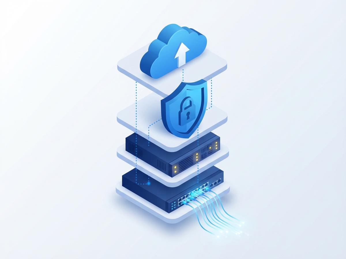 Illustration of an infrastructure stack: network, server, security, and cloud